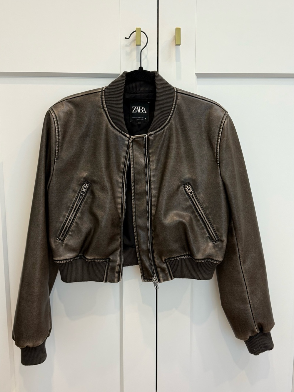 Zara Brown Faux-Leather Cropped Bomber Jacket
